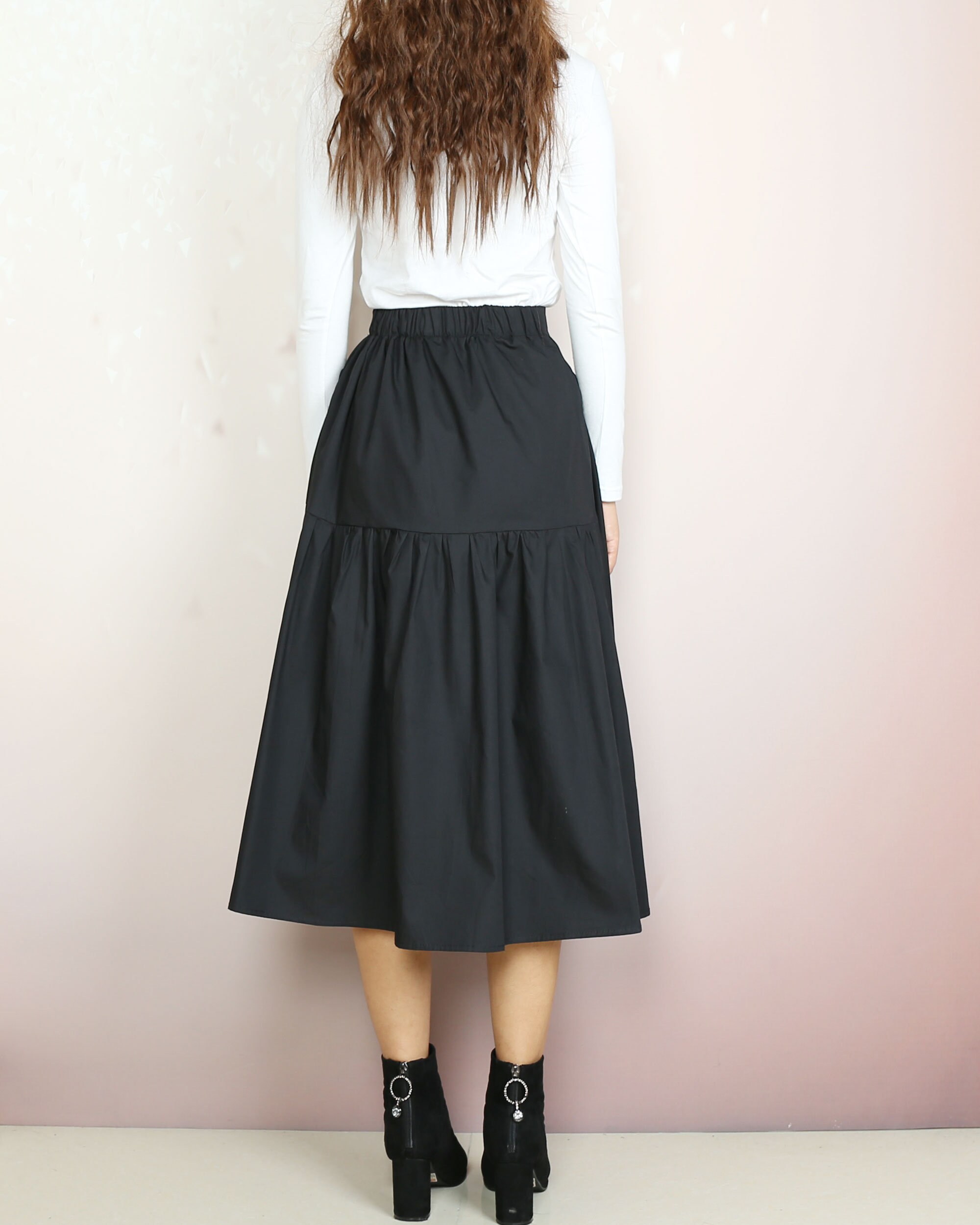 Women's Cotton Skirt, Midi Skirt, Elastic Waist Skirt, White