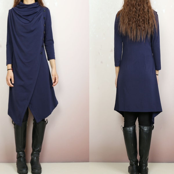 Asymmetrical dress, high neck dress, 3/4 sleeve dress, long dress, drapes midi dress(Q2089)