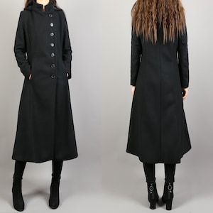 Long wool coat, coat with hood, coat dress, black warm coat, winter coat, flare coat, buttoned jacket, wool overcoat (Y2181)