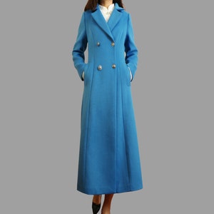 Long wool coat, wool jacket, coat dress, blue coat, winter coat, flare coat, buttoned jacket, wool overcoat (Y2172)