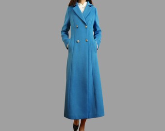 Abrigo largo de lana, chaqueta de lana, vestido de abrigo, abrigo azul, abrigo de invierno, abrigo de vuelo, chaqueta abotonada, abrigo de lana (Y2172)