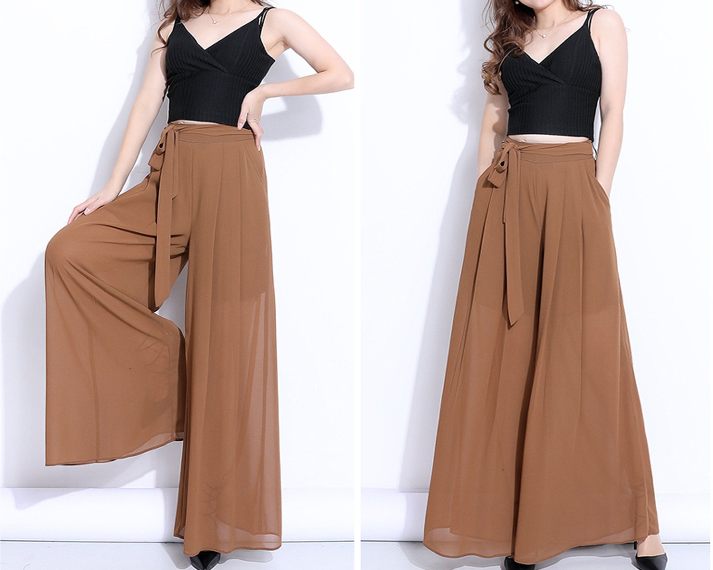 Wide Leg Pants, Summer Pants, Women's Chiffon Pants, Green Skirt Pants,  High Waist, Light Weight Pants, Customize Pants P0031 