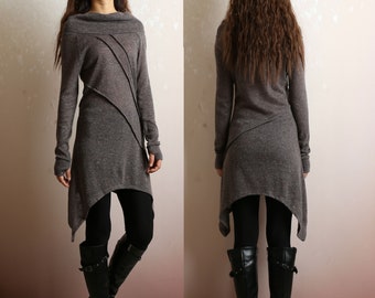 Damen Tunika Kleid, schulterfreies Pulloverkleid, Langarm Top mit Daumenlöchern, Tunika Top für Leggings, leichte Pullover (Y2078)