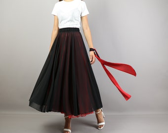 Women's maxi skirt, Black chiffon skirt, elastic waist skirt, printed skirt, summer skirt, long skirt(Q2208)