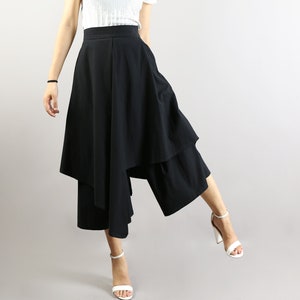 Linen skirt pants, wide leg pants, Cropped pants, Asymmetrical skirt pants, custom made, black pants (K2136)