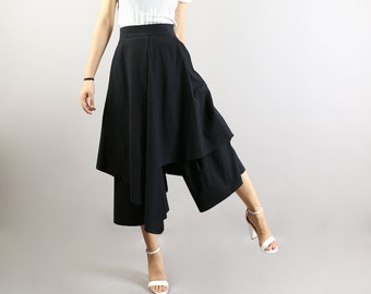 Linen skirt pants, wide leg pants, Cropped pants, Asymmetrical skirt pants, custom made, black pants (K2136)