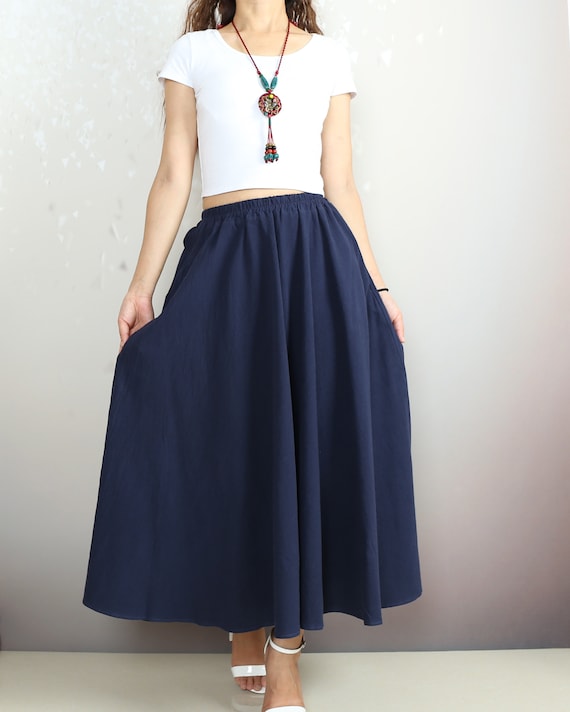 Flared Linen Skirt, Boho Midi Skirt, Elastic Waist Skirt