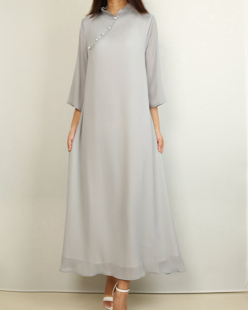cheongsam dress half sleeves maxi dress Pleated chiffon dress Q2024 casual loose dress plus size oversize clothing
