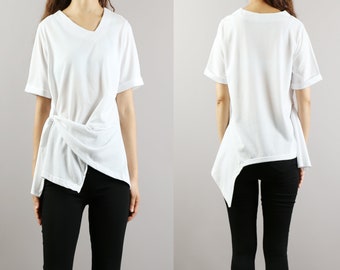 Women's cotton t-shirt, boho drapes cotton top, Short sleeve top, v-neck t-shirt(Y2057)