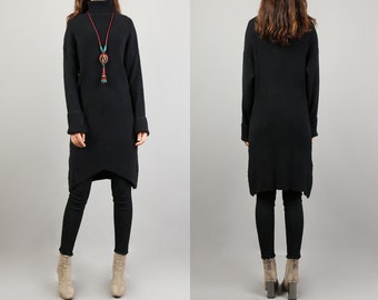 Pullover sweaters women, Oversized Sweater dress, Turtleneck Sweater, knit dress, long sweaters, black sweater, Boho Sweater(Y2131)