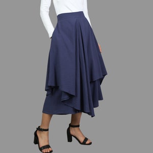ワイドレッグパンツ、リネンスカートパンツ、クロップドパンツ、アシンメトリースカートパンツ、カスタムメイド、ブラックパンツ（K2136）