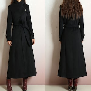 Cappotto lungo di lana, abito cappotto nero, cappotto invernale, cappotto svasato, giacca abbottonata, soprabito di lana (Y2198)