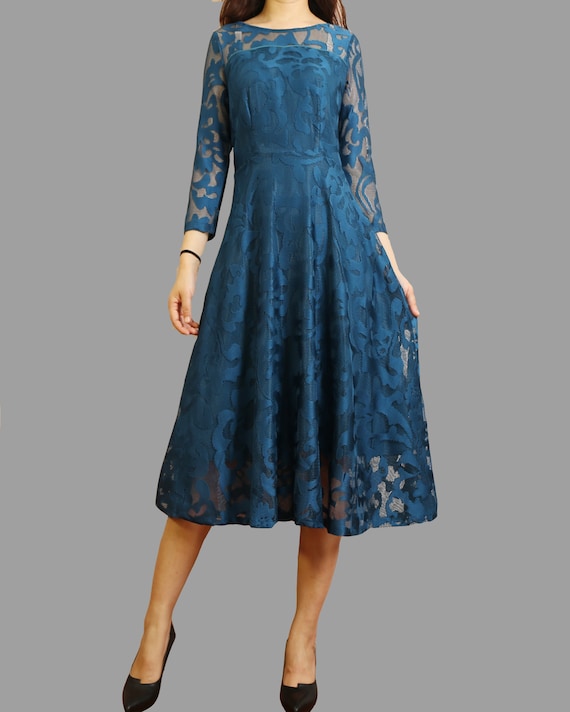 Women's Lace Midi Dress: 3/4 Sleeve Crew Neck - Etsy Women's Lace Midi Dress: 3/4 Sleeve Crew Neck - Etsy