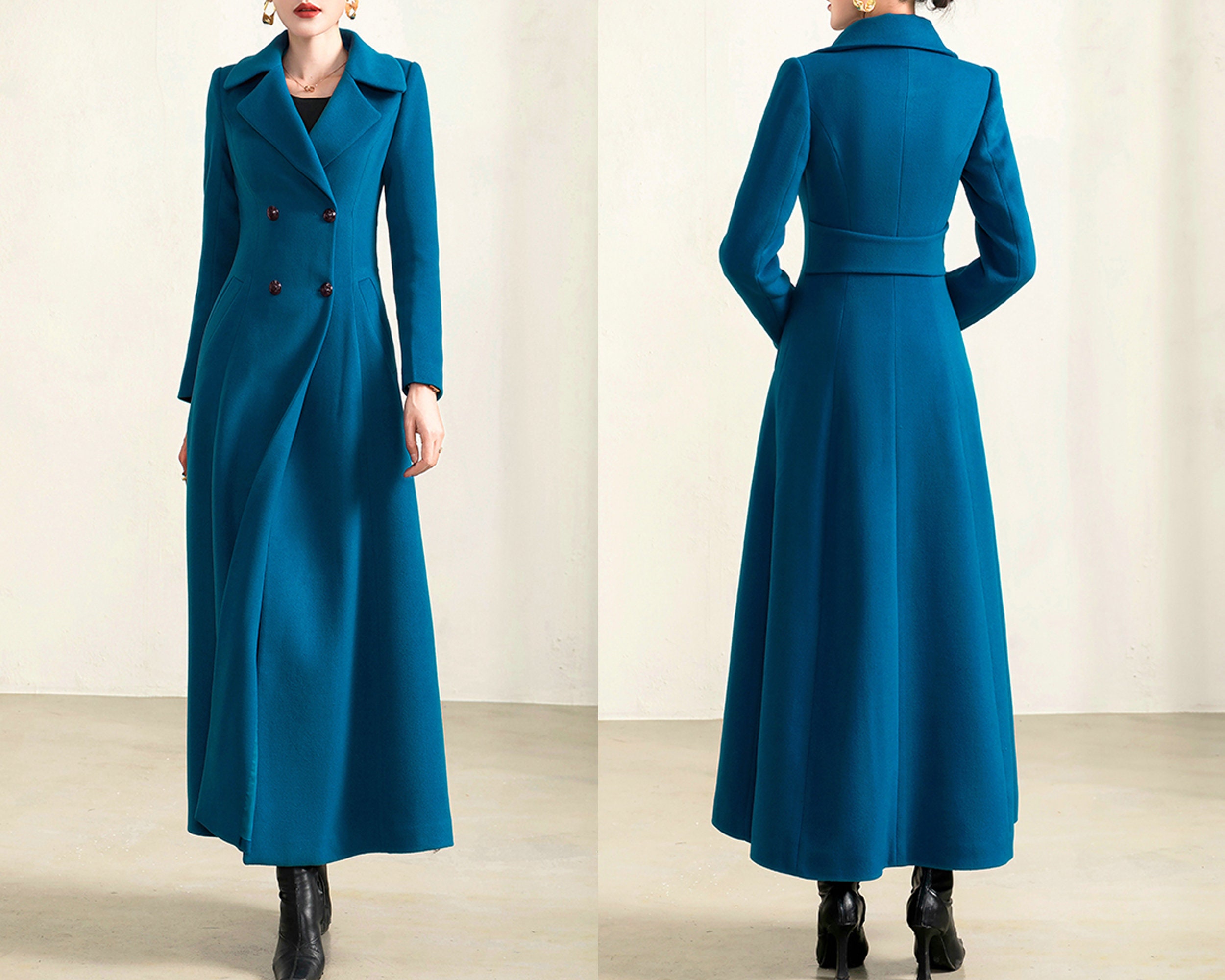 Long Wool Coat for Women, Dark Blue Maxi Cashmere Coat, Winter Floor Length  Coat, Elegant Princess Wool Jacket, Victorian Gothic Fitted Coat 