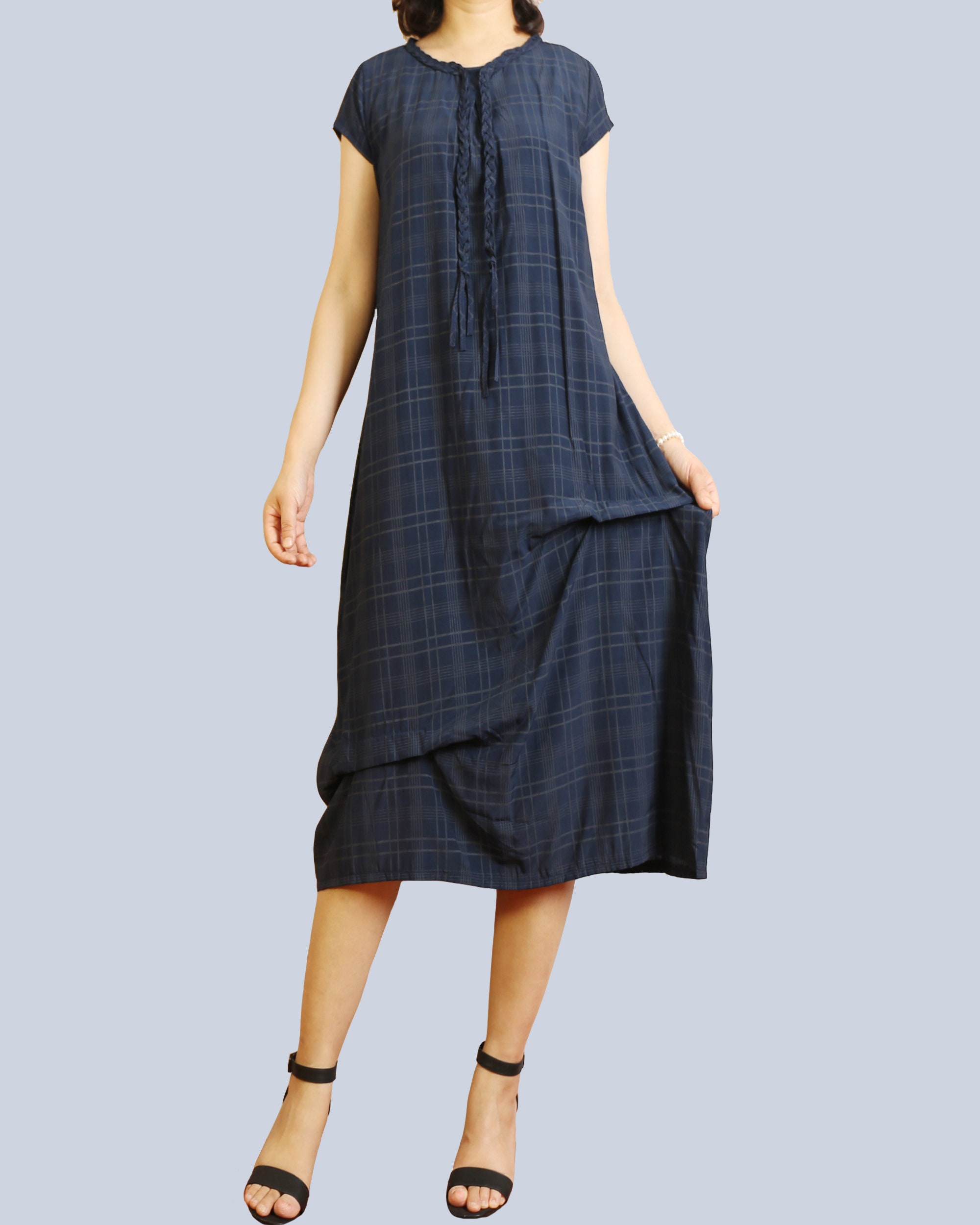 Women's cotton dress, plaid dress, short sleeves dress, summer dress, oversized dress(Q2177)