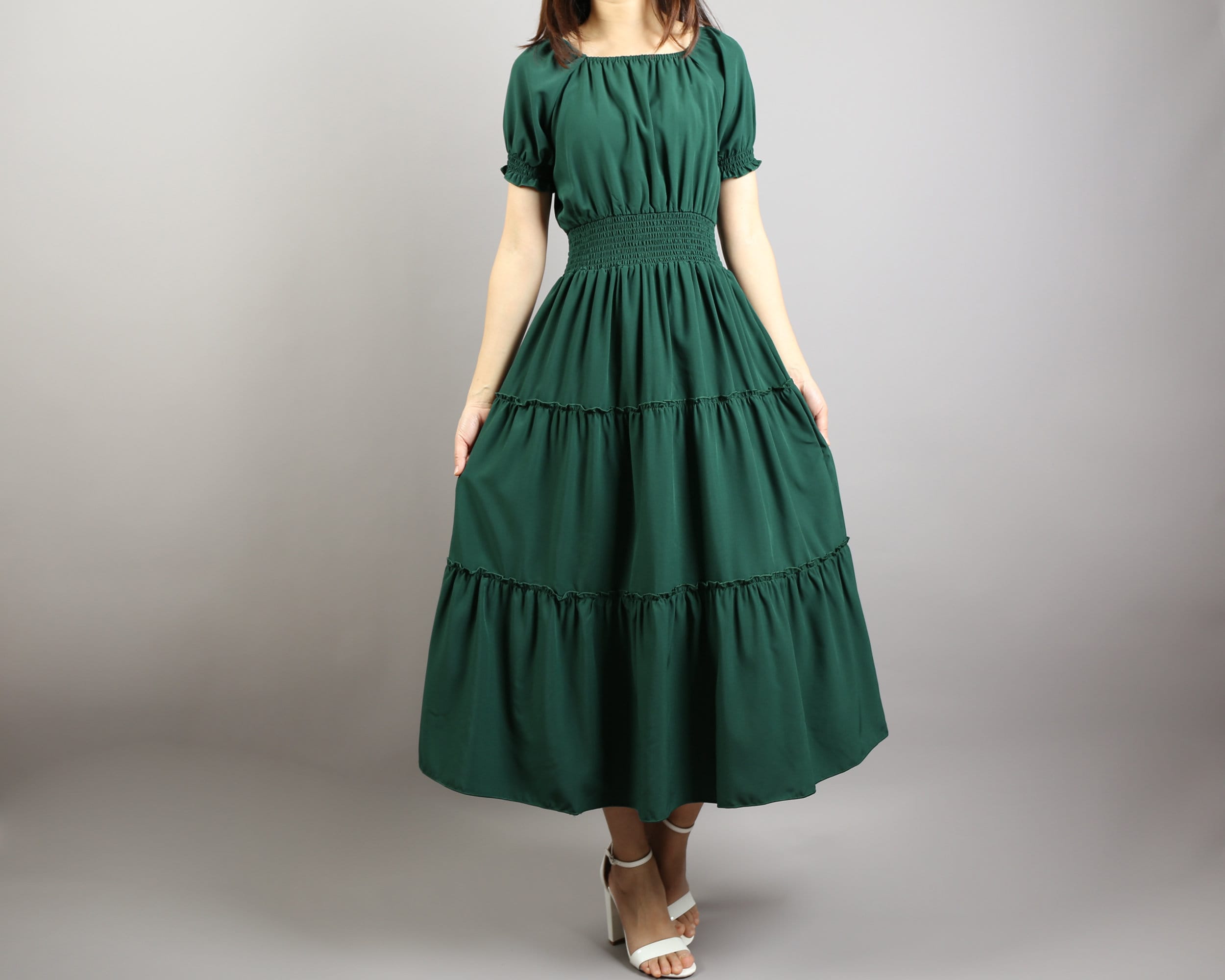 green tiered dress with sleeves Buxom Couture Plus Size Lace Bell Sleeve Tiered Dress main image 0