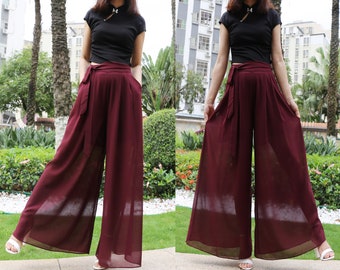 Wijde pijpen broek, chiffon rok broek, zomerbroek, damesbroek, chiffon broek, lange broek, elastische taille broek (K2039)