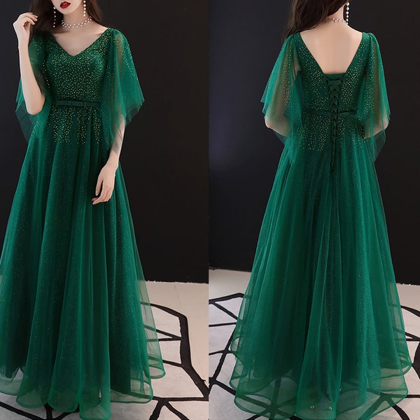 Formal dress, full dress, evening dress, wedding party dress, gown dress, dark green dress, v-neck dress(Q2050)