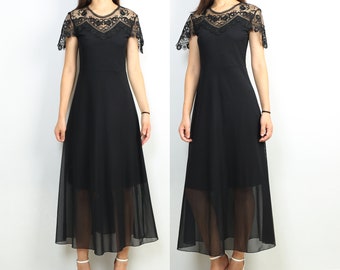 Black Lace Mesh Party Dress, Sheer Evening Dress