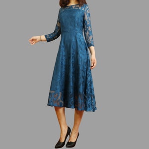 Women's Lace dress, crew neck dress, 3/4 sleeve dress, midi dress, party dress, evening dress, black dress(Q2098)
