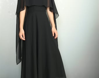 Schwarzes Chiffon Maxikleid Set: Trägerkleid mit Schal