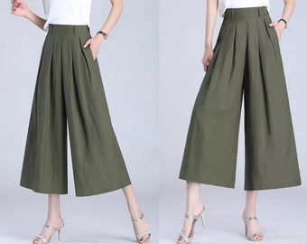 Linen skirt pants, Cropped pants, Wide leg pants, black skirt pants, custom made, black pants (K2159)