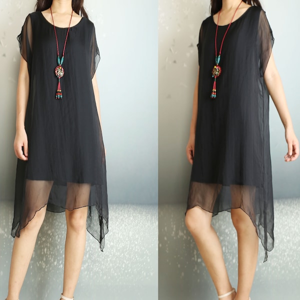 Frauen geschichtete asymmetrische Chiffon Modal Kleid, Kurzarm fließende Tunika Kleid, plus Größe Kleidung, Sommer Oversize Kleid (Q2009)