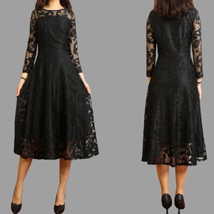 Women's crew neck dress, Lace dress, 3/4 sleeve dress, midi dress, party dress, evening dress, black dress(Q2098)