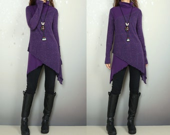 Pullover sweaters women,Oversized Sweater dress， purple tunic top, cotton t-shirt, long sleeve tops, cotton tops, long sweaters(Y2055)