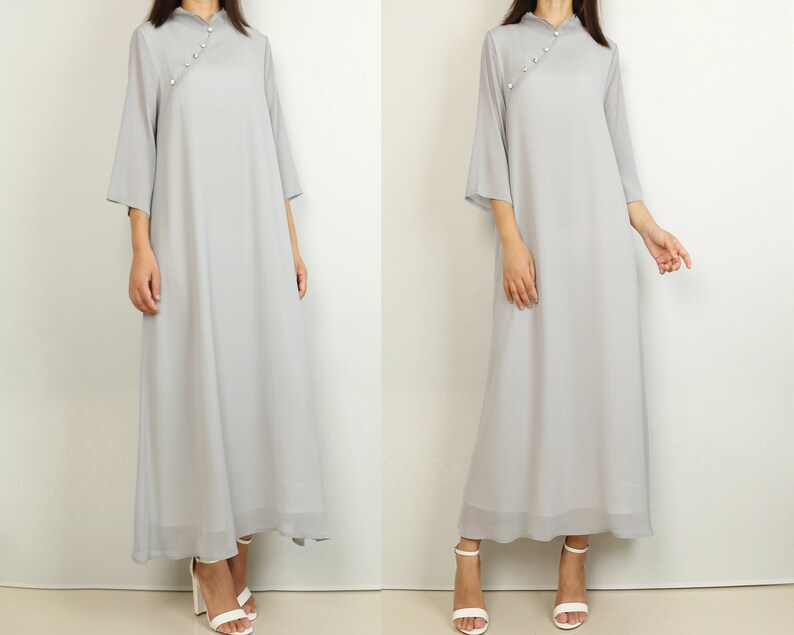 cheongsam dress half sleeves maxi dress Pleated chiffon dress Q2024 casual loose dress plus size oversize clothing