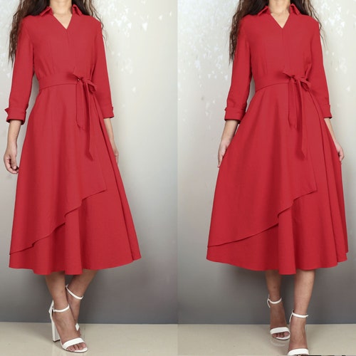 Linen shirt dress, 3/4 sleeves oversize dress, casual midi dress, red dress, plus size clothing(Q2086)