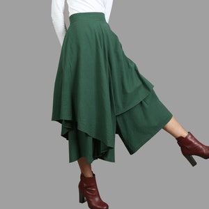 ワイドレッグパンツ、リネンスカートパンツ、クロップドパンツ、アシンメトリースカートパンツ、カスタムメイド、ブラックパンツ（K2136）