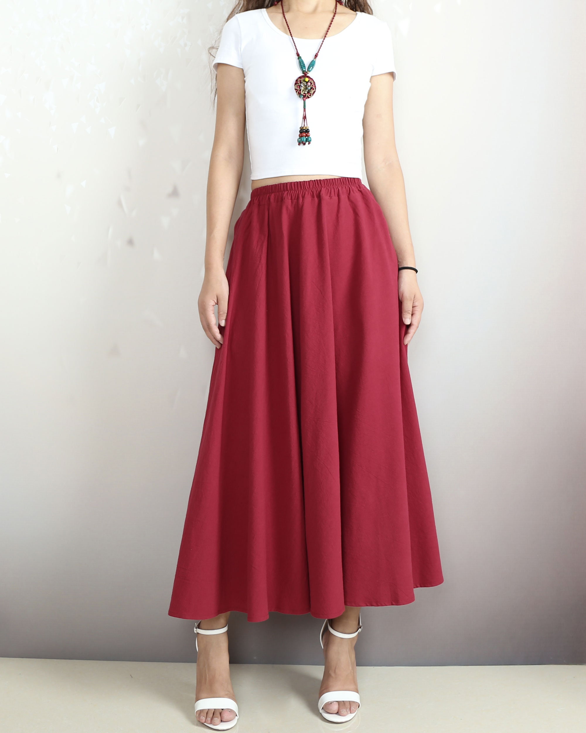 Flared Linen Skirt Boho Midi Skirt Elastic Waist Skirt - Etsy