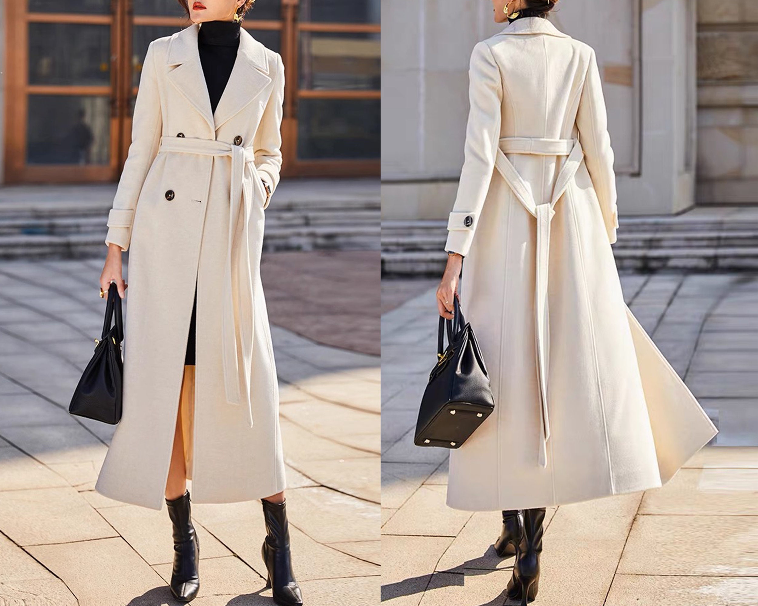 Abrigo largo de lana blanca, abrigo de lana ajustado, abrigo de