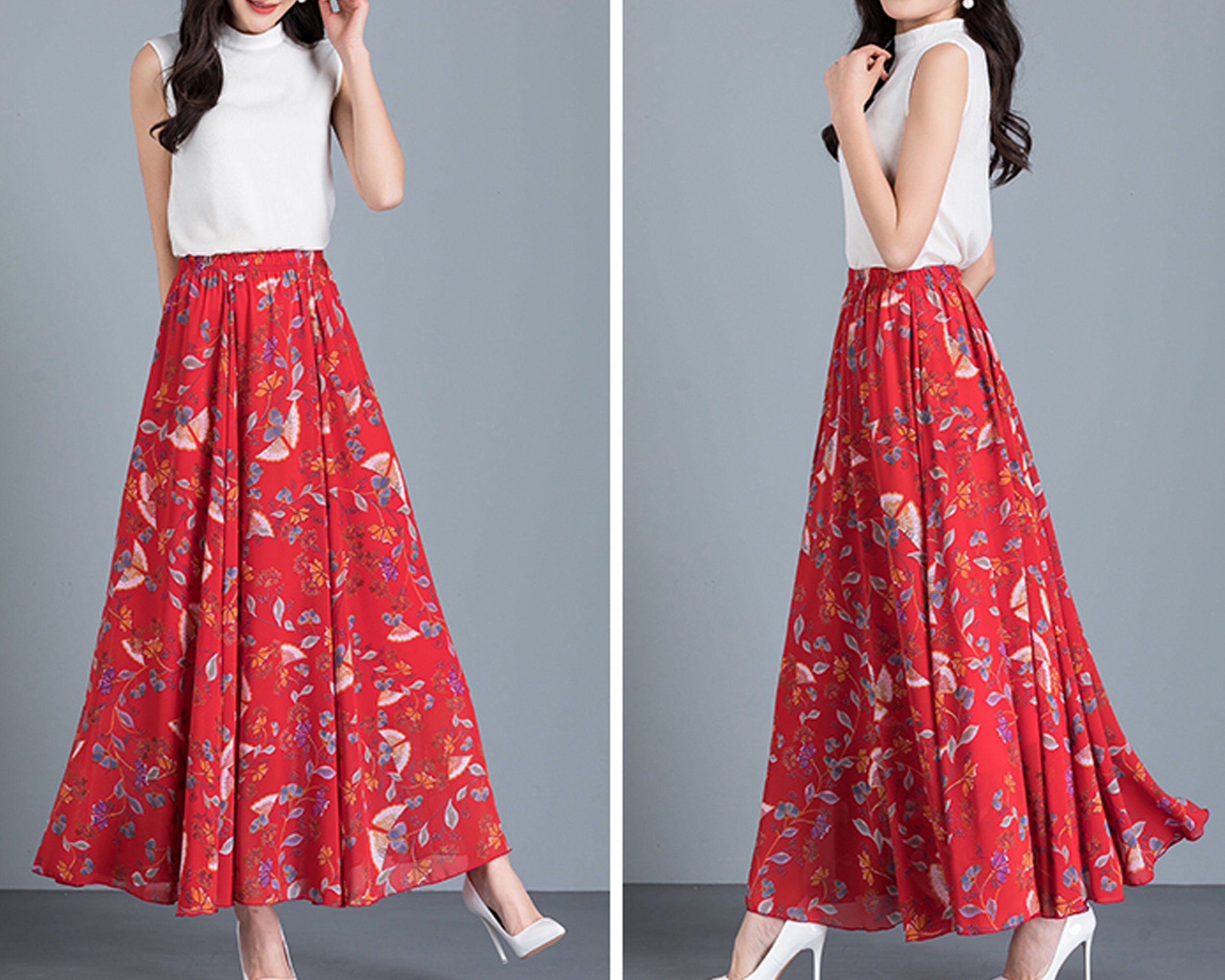 Women's Maxi Skirt, Chiffon Printed Skirt, Elastic Waist Skirt, Lightweight  Skirt, Summer Skirt, Long Skirtq2302 