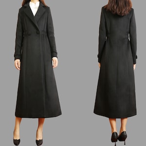 Wool coat for women, maxi coat, coat dress, black coat, winter coat, flare coat, buttoned jacket, wool overcoat, coat with pockets (Y2171)