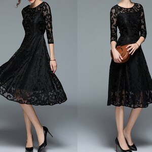 Women's Lace dress, crew neck dress, 3/4 sleeve dress, midi dress, party dress, evening dress, black dress(Q2098)