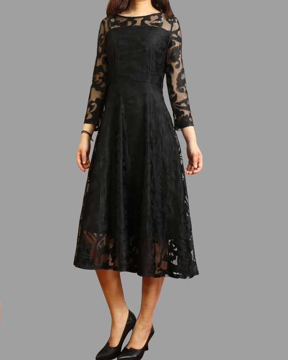Black Lace Midi Dress: 3/4 Sleeve Cotton Blend Party Dress - Etsy