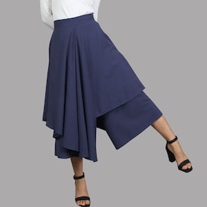 ワイドレッグパンツ、リネンスカートパンツ、クロップドパンツ、アシンメトリースカートパンツ、カスタムメイド、ブラックパンツ（K2136）