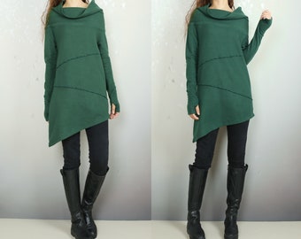 Women&#39;s cotton tunic top, cowl neck tunic dress with thumb hole, Asymmetrical tunic, oversized t-shirt,pullover sweaters (Y2077)