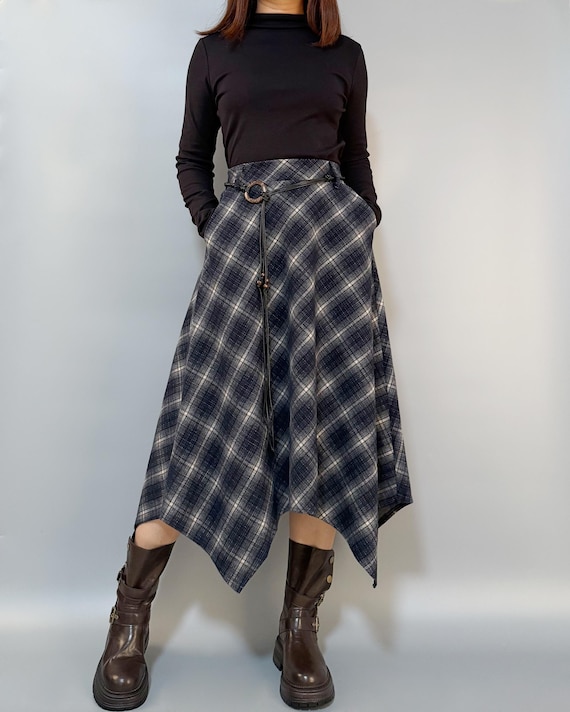 Plaid Wool Blend Skirt: Asymmetrical Hem, Boho Belt - Etsy