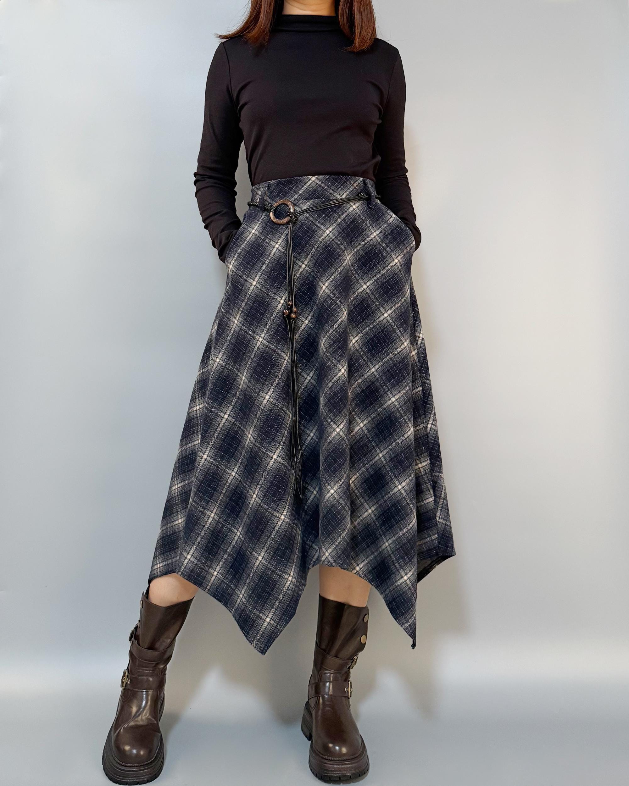 Plaid Wool Blend Skirt: Asymmetrical Hem, Boho Belt - Etsy