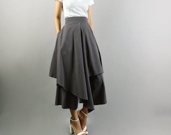 Wide leg pants, Linen skirt pants, Cropped pants, Asymmetrical skirt pants, custom made, black pants (K2136)