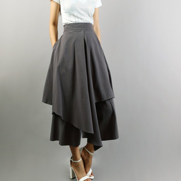 Linen Blend Skirt Pants, Wide Leg Cropped Trousers, Asymmetrical Hem