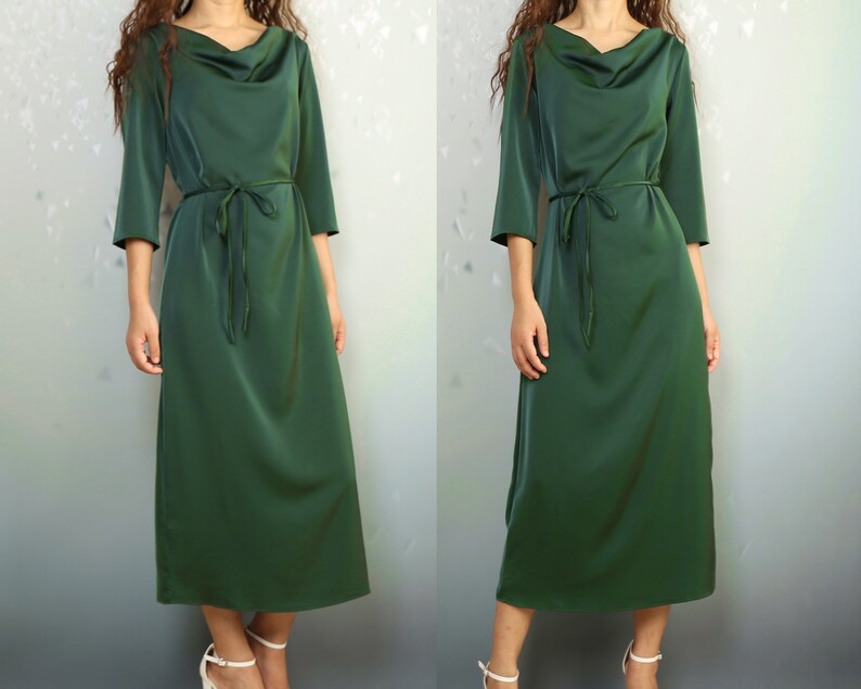plus size clothing casual dark green midi dress Cowl neck dress Q2061 34 sleeve dress