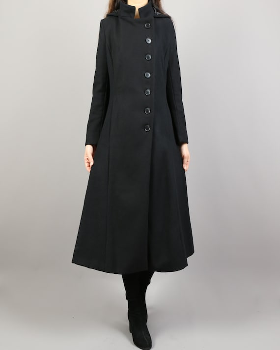 Long Wool Coat Dress: Black Flare Hem Hooded Overcoat - Etsy