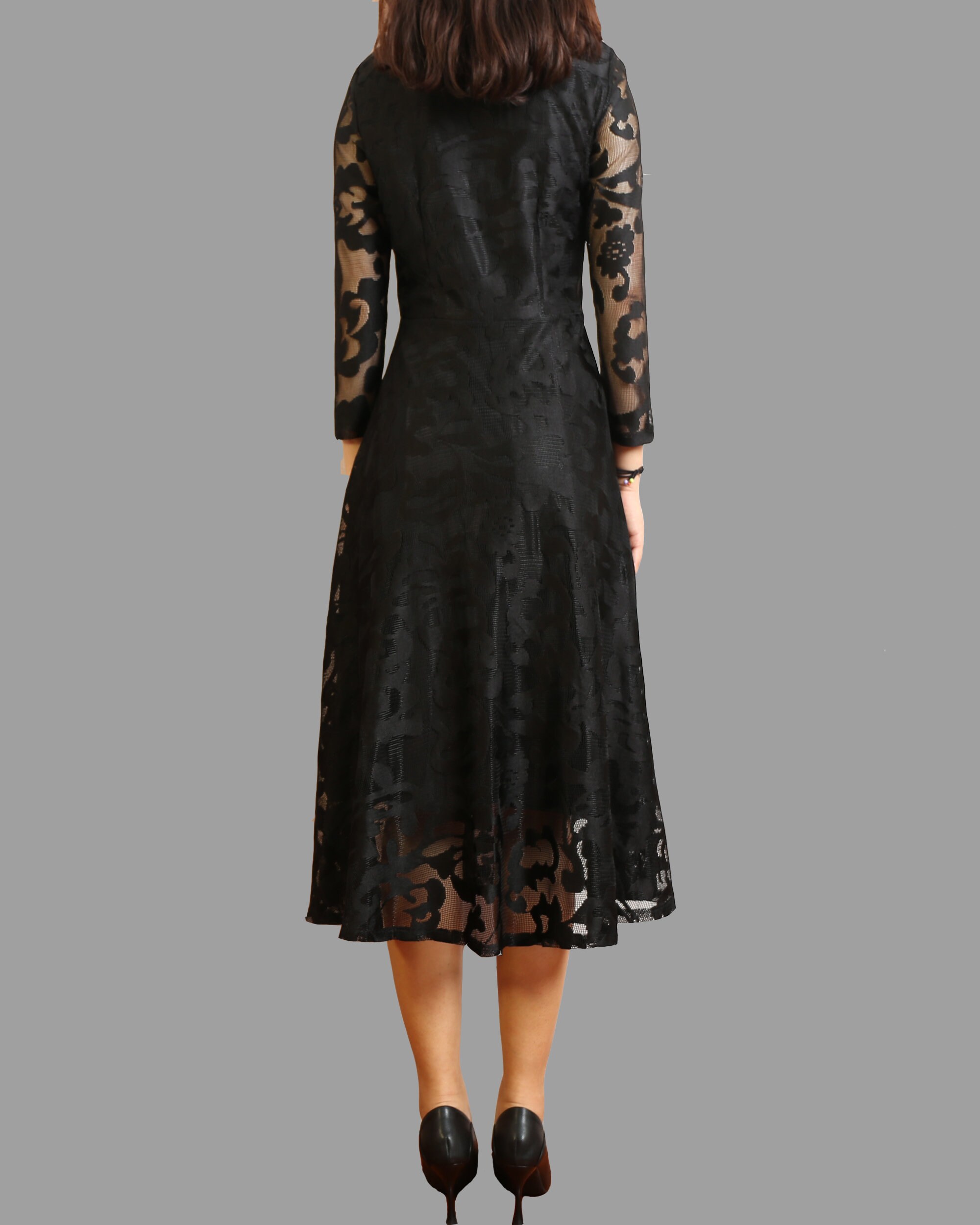 chinese dress ladies WOMEN'S 3/4 SLEEVE SQUARE NECK SMOCK LACE MIDI DRESS