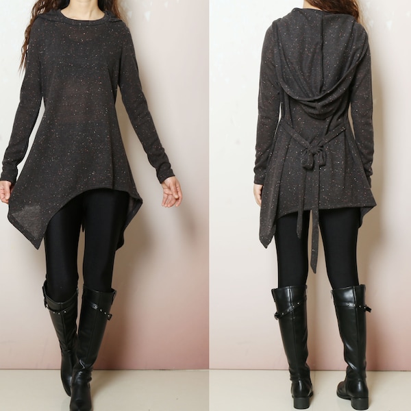 Asymmetrische gebreide tuniekjurk: oversized hoodie met riem