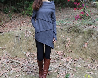 Cotton Cowl Neck Tunic Top: Asymmetrical Thumb Hole Sweater