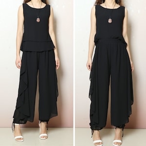 Chiffon top and skirt pants set, sleeveless tops, elastic waist pants, summer suit, wide leg pants, 2 pieces pants(P2121)